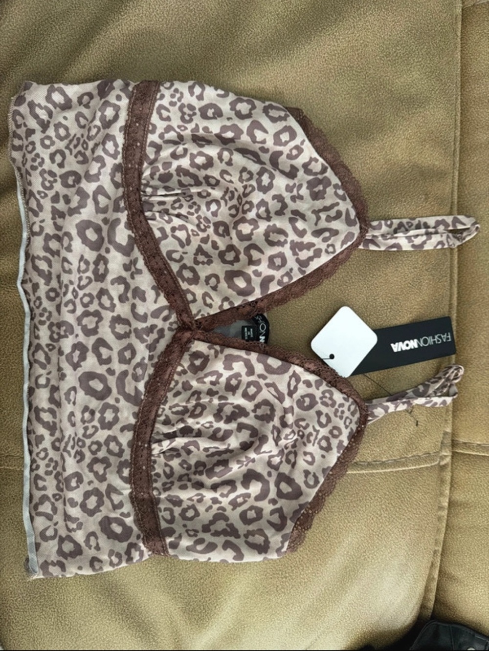 Fashion Nova Taupe Leopard Print Lace-Trim Bralette
